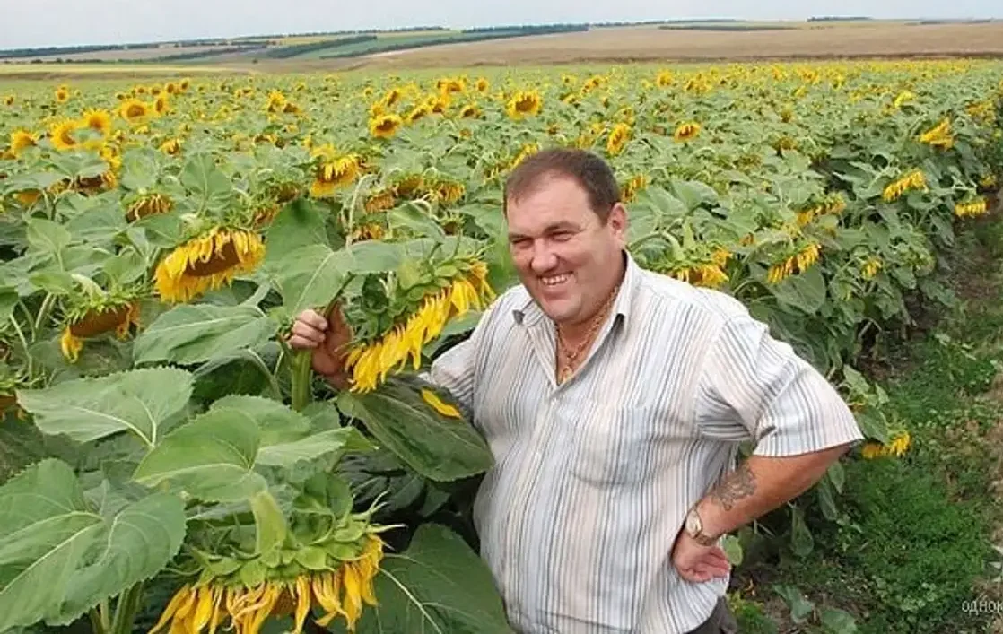 Олександр Григорович Поворознюк стоїть на своєму соняшниковому полі та посміхається